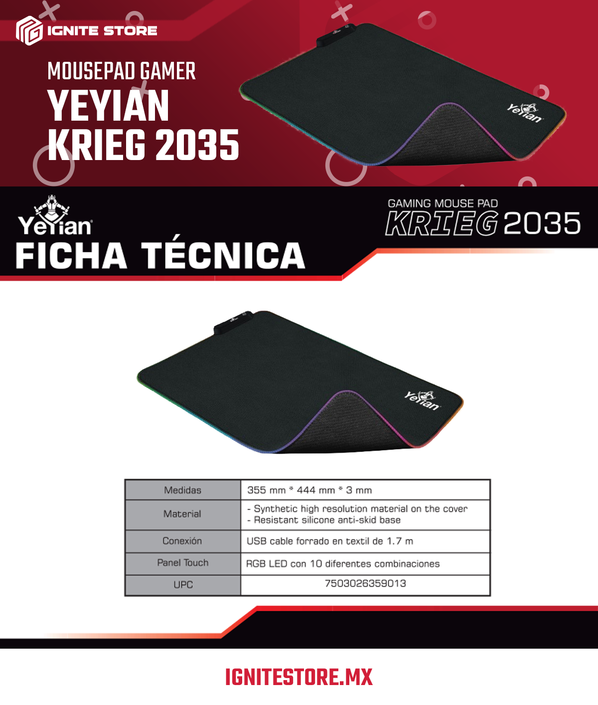 MOUSEPAD GAMER YEYIAN KRIEG 2035 RGB LED 355X444MM ANTIDERRAPANTE - MP2035