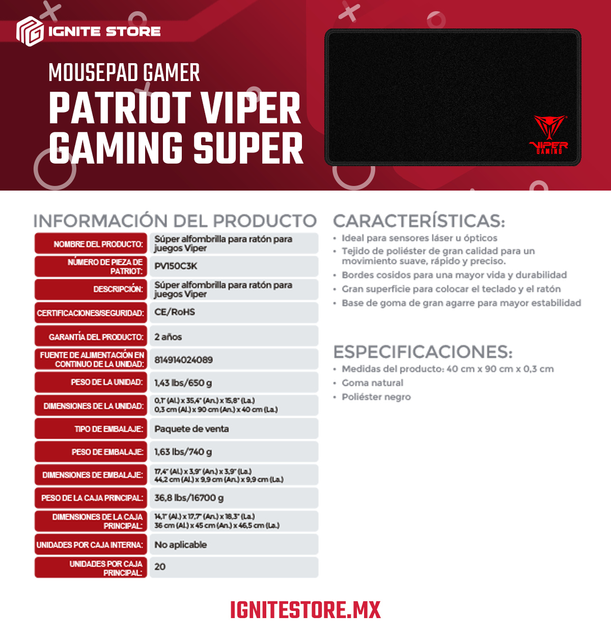 MOUSEPAD PATRIOT VIPER GAMING SUPER 40CM X 90CM