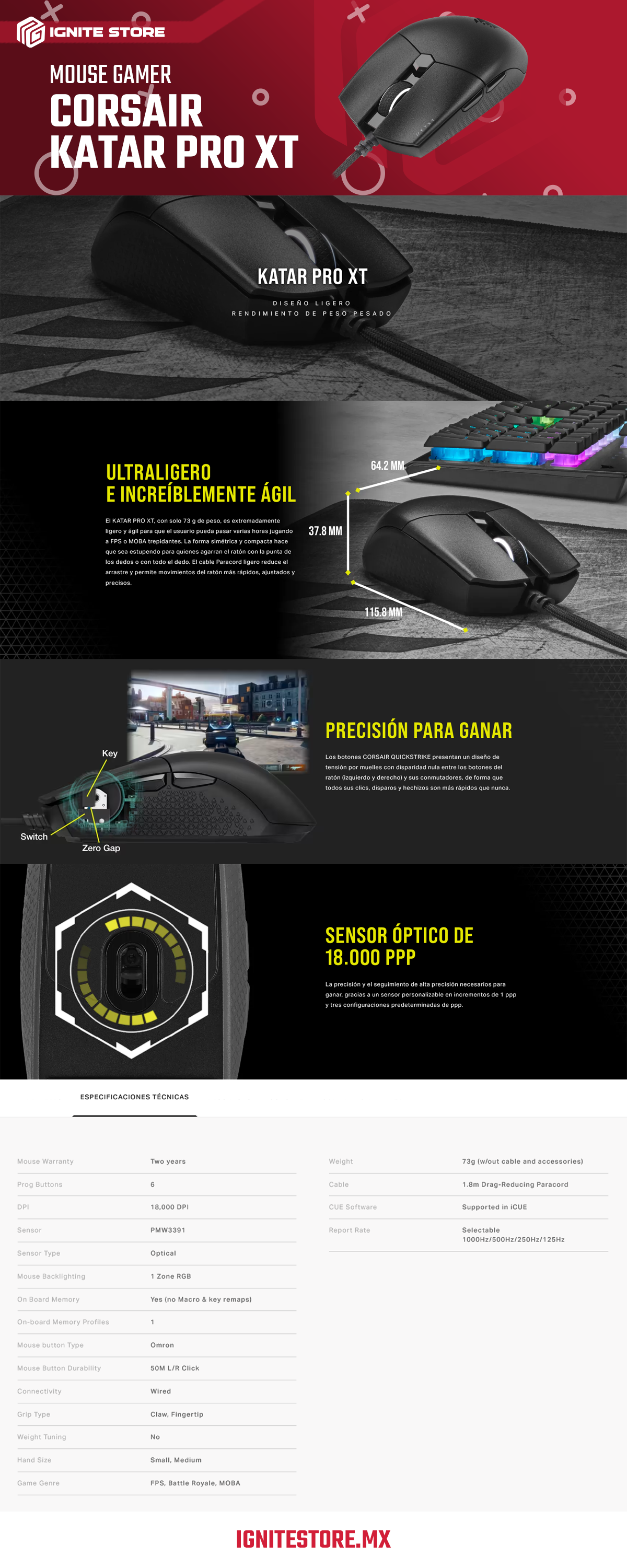 MOUSE GAMER CORSAIR ULTRALIGERO KATAR PRO XT - CH-930C111-NA