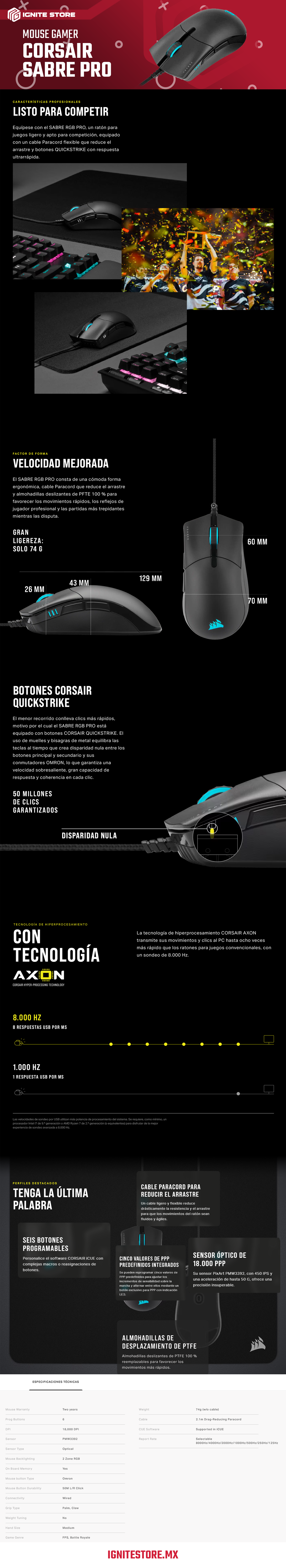 MOUSE GAMER CORSAIR SABRE PRO RGB CHAMPION SERIES 18000 DPI - CH-9303111-NA