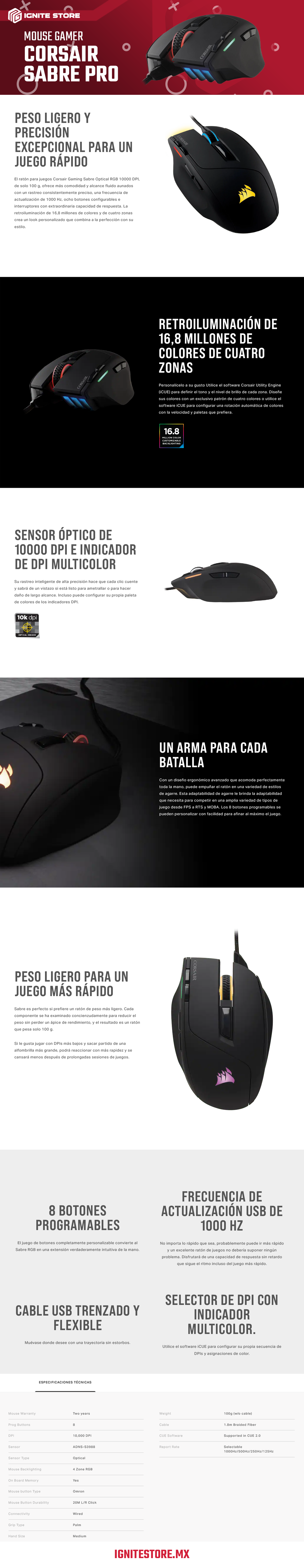 MOUSE ALAMBRICO CORSAIR SABRE RGB 10,000DPI / CH-9303101-NA