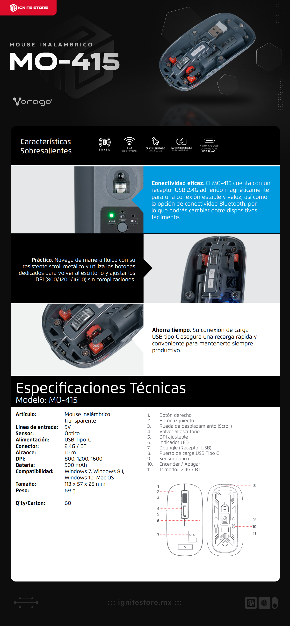 Mouse Inalámbrico Vorago MO-415 | USB 2.4G | Bluetooth | Clics Silenciosos | Batería recargable | USB C | 1600 DPI | MO-415