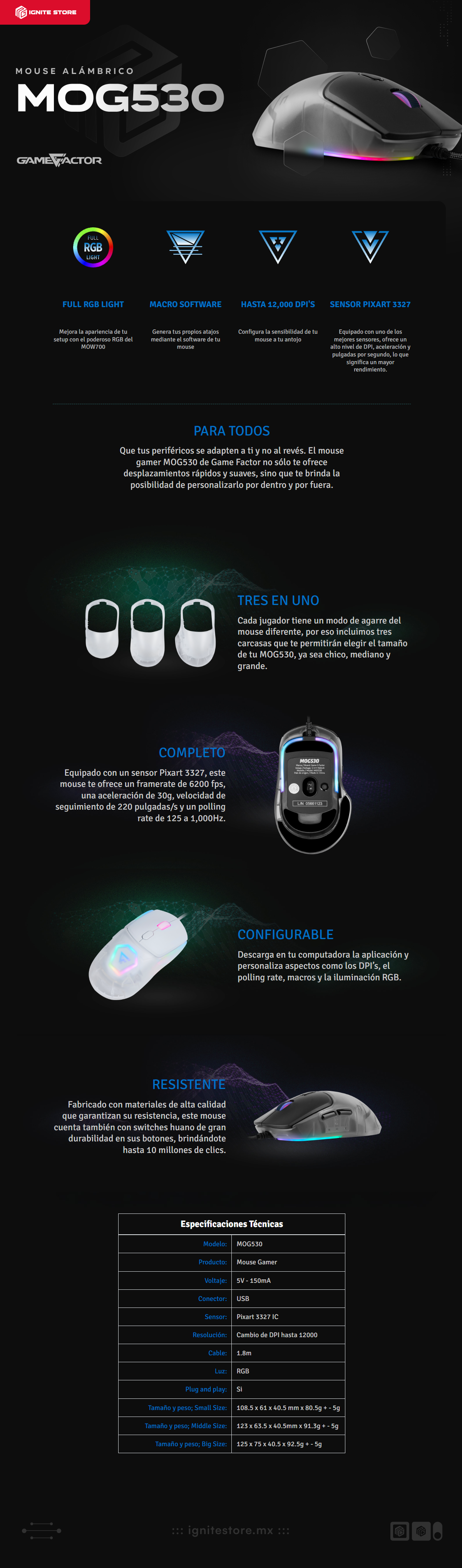 Mouse Alámbrico GameFactor MOG530-BK | RGB | 12,000 DPI | Sensor Pixart 3327 | MOG530-BK