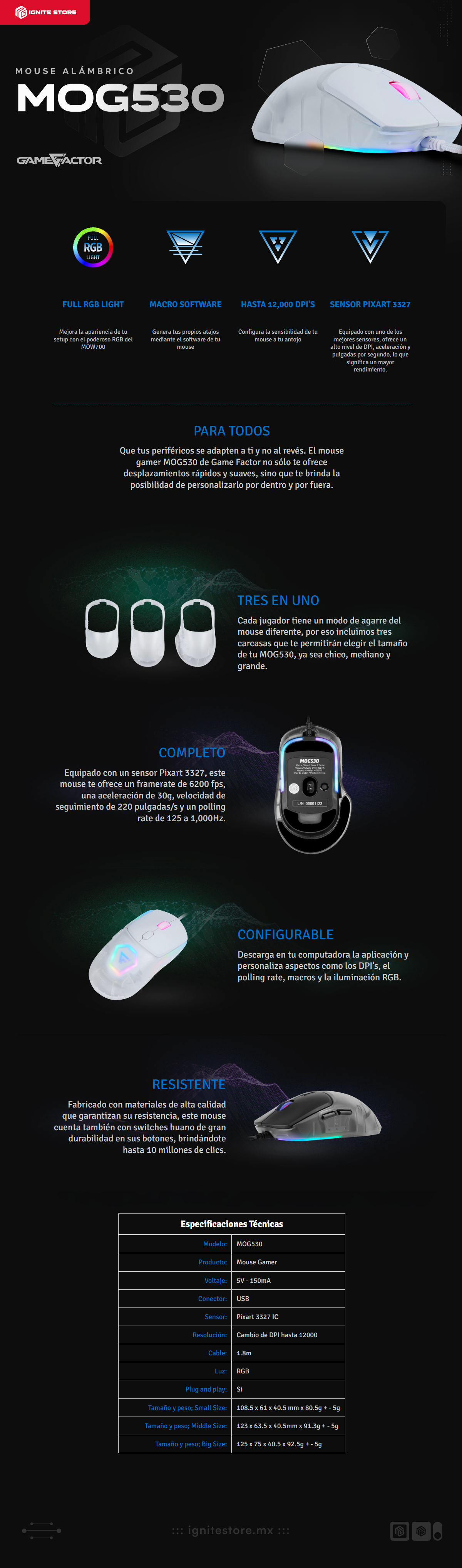 Mouse Alámbrico Game Factor MOG530-WH | RGB | 12,000 DPI | Sensor Pixart 3327 | MOG530-WH