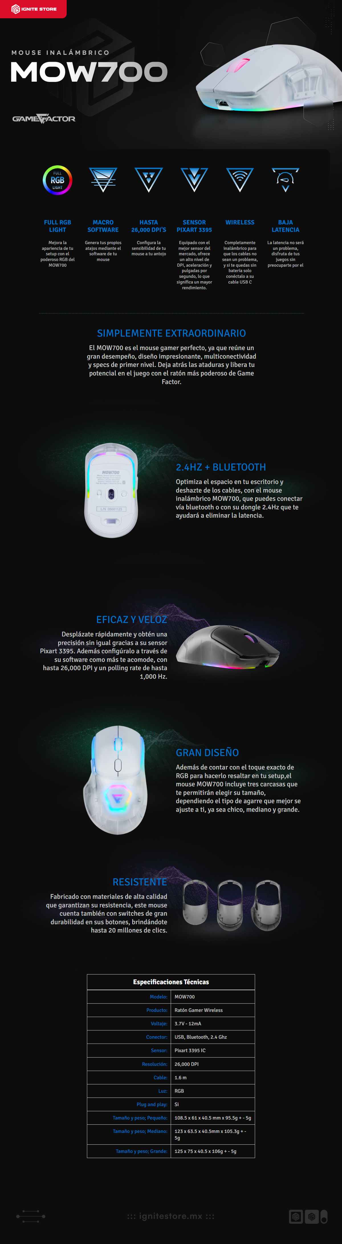 Mouse Inalámbrico Game Factor MOW700-WH | 26,000 DPI | Sensor Pixart 3395 | Baja Latencia | 3 carcasas intercambiables | MOW700-WH