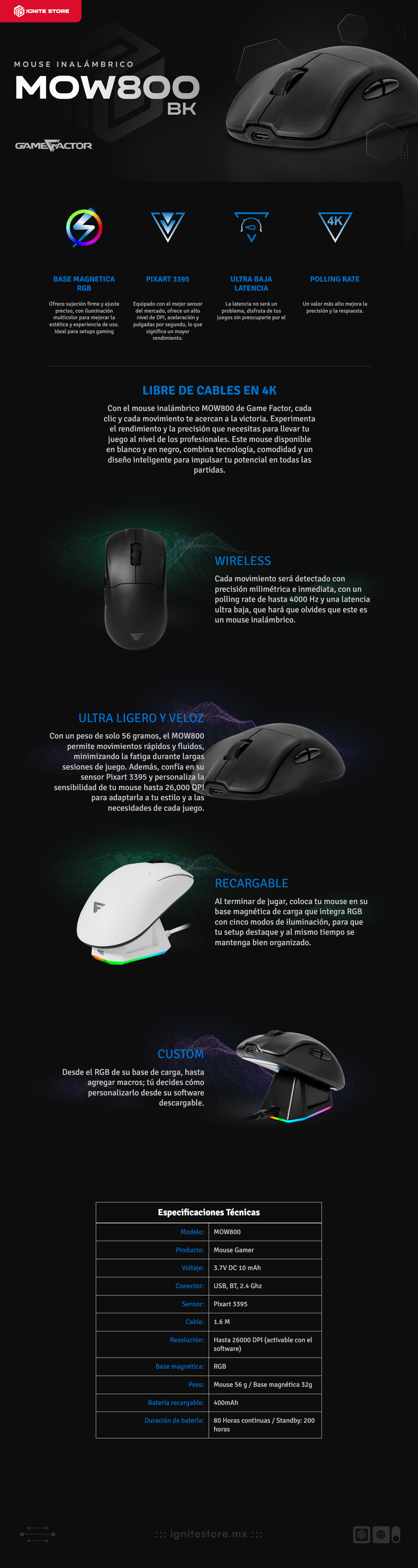 Mouse Inalámbrico Game Factor MOW800 | 26,000 DPI | Sensor Pixart 3395 | Incluye Base Magnetica RGB | 80hrs Batería recargable | Color Negro | MOW800-BK