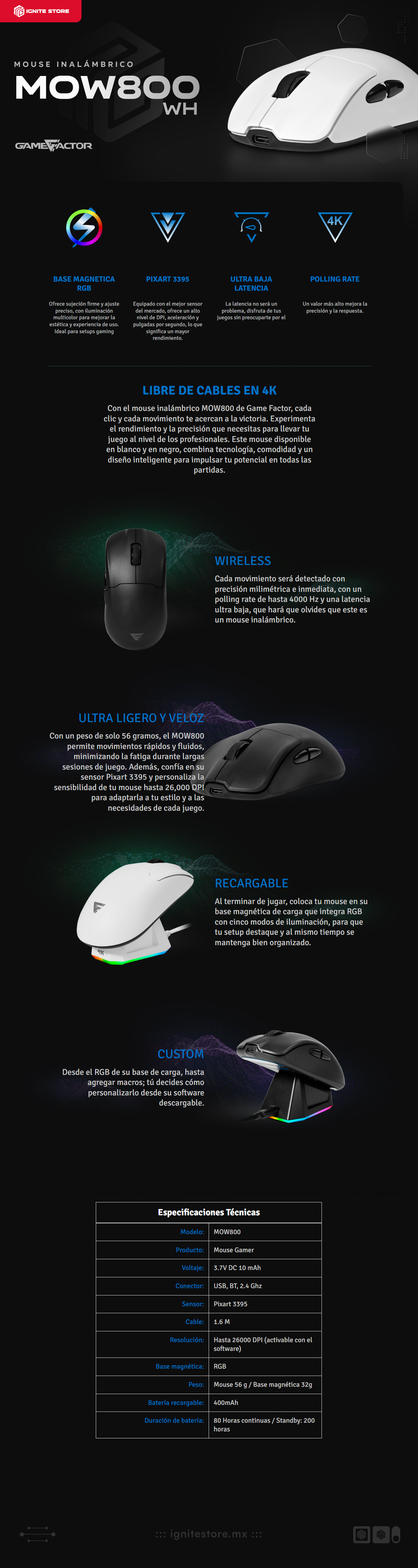 Mouse Inalámbrico Game Factor MOW800 | 26,000 DPI | Sensor Pixart 3395 | Incluye Base Magnetica RGB | 80hrs Batería recargable | Color Blanco | MOW800-WH