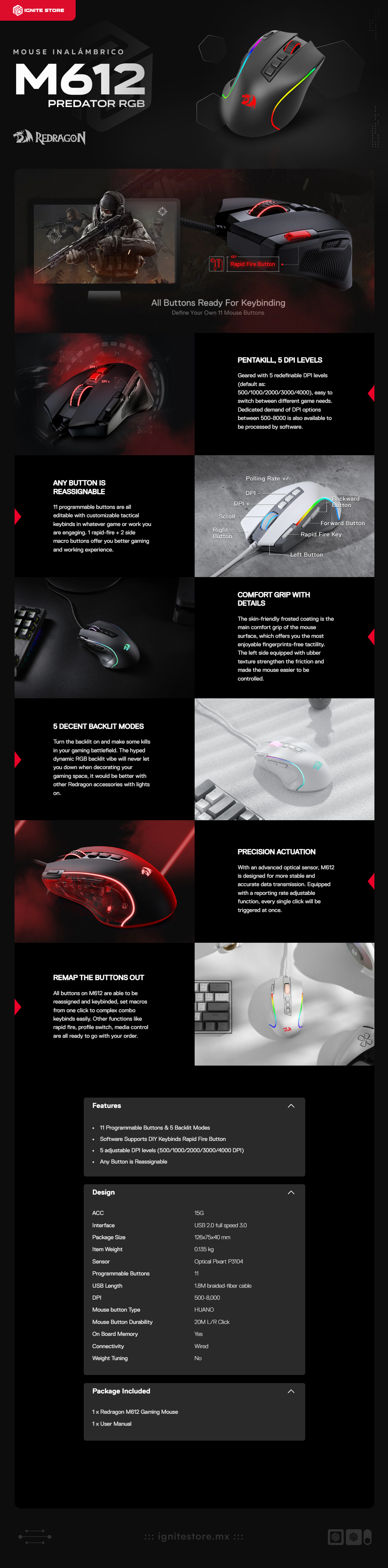 Mouse Gamer Redragon Predator M612 RGB |  Inalámbrico | Negro | M612RGB-PRO