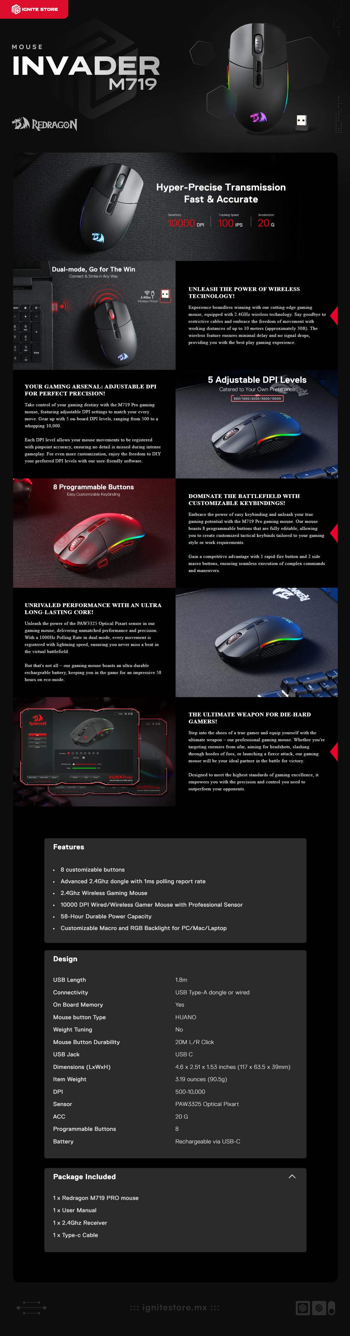 Mouse Inalámbrico Redragon Invader M719 PRO | 8 botónes customizables | 500-10,000 DPI | USB C |  Hasta 58 hrs de batería | M719RGB-PRO