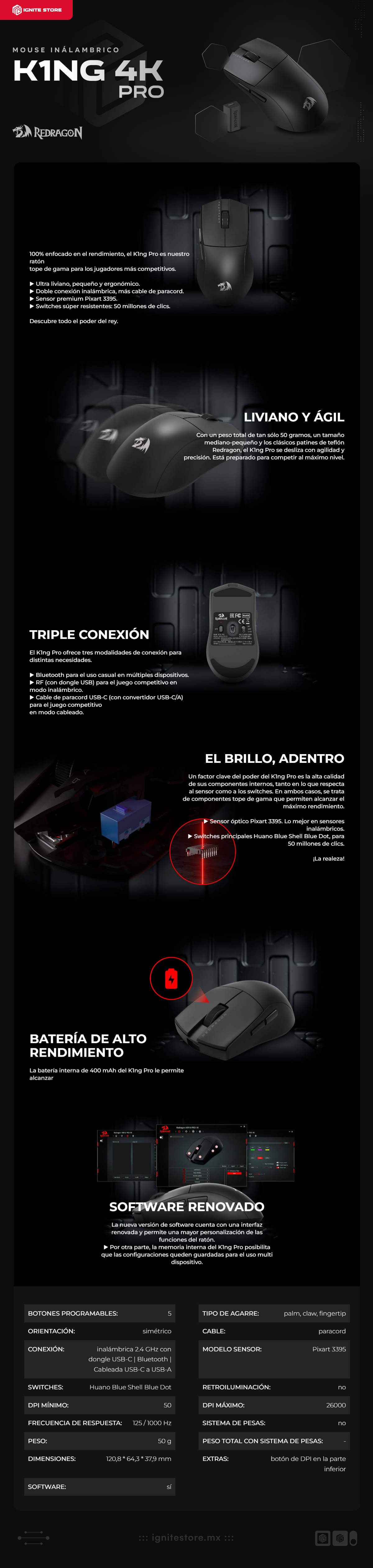 Mouse Inalámbrico Redragon K1NG 4K PRO | 4K Hz | 26000 DPI | 5 botones programables | Sensort Pixart 3395 | 49g | M916-PRO-4K