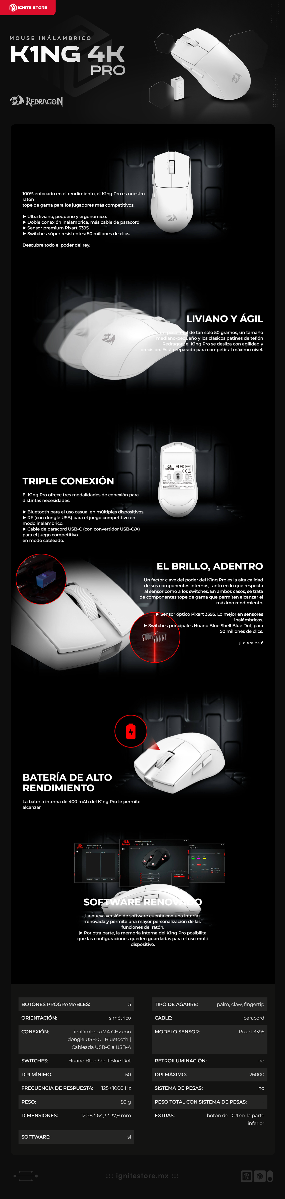 Mouse Inalámbrico Redragon K1NG 4K PRO White | 4K Hz | 26000 DPI | 5 botones programables | Sensort Pixart 3395 | 49g | Color Blanco | M916-PRO-4K