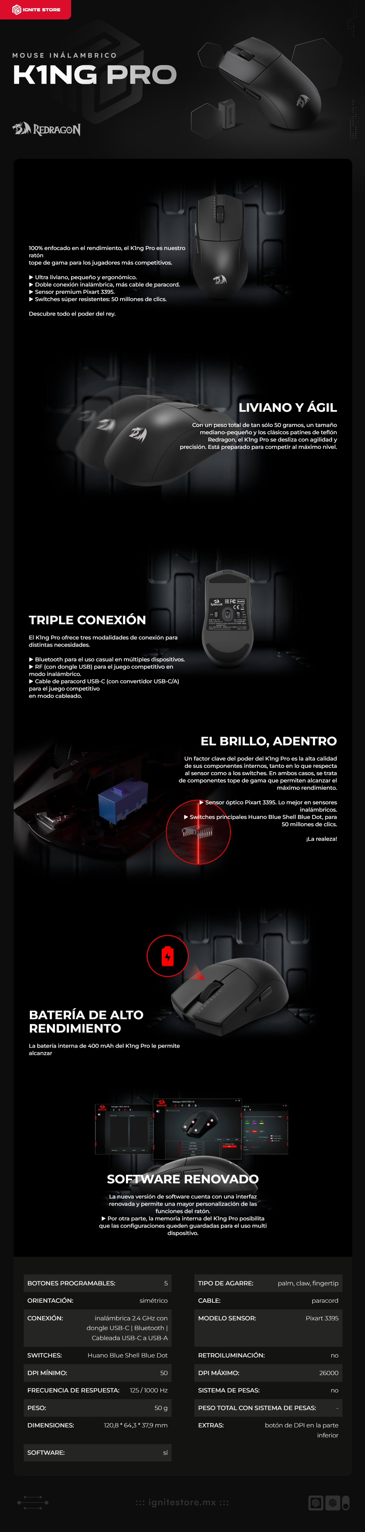 Mouse Inalámbrico Redragon K1NG PRO 1K | 5 botones programables | 2.4 GHz / Bluetooth / USB-A | Sensor Pixart 3395 | 26000 DPI | 50g | Color Negro | M916-PRO-1K