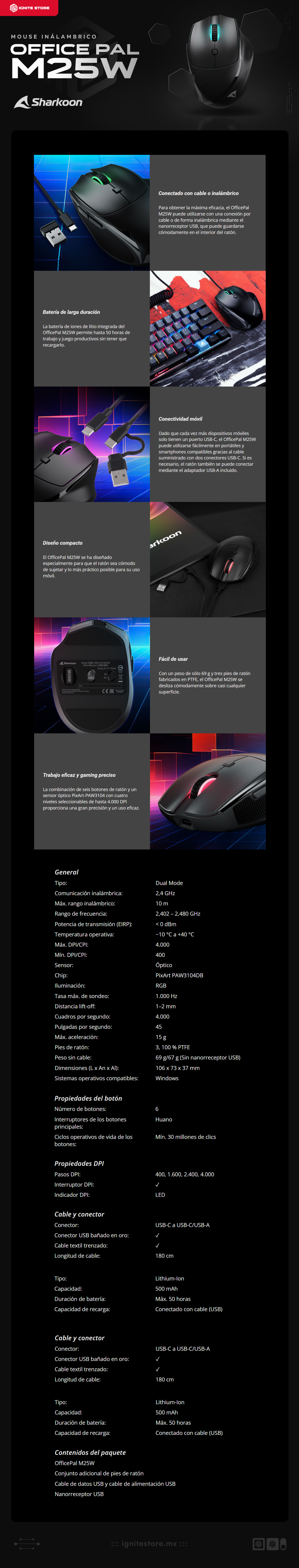 Mouse Gamer Sharkoon OfficePal M25W Black | Conexión Inalámbrica | 2.4Ghz | 400-4,000 DPI | Sensor Óptico | RGB | Color Negro | M-M25WB