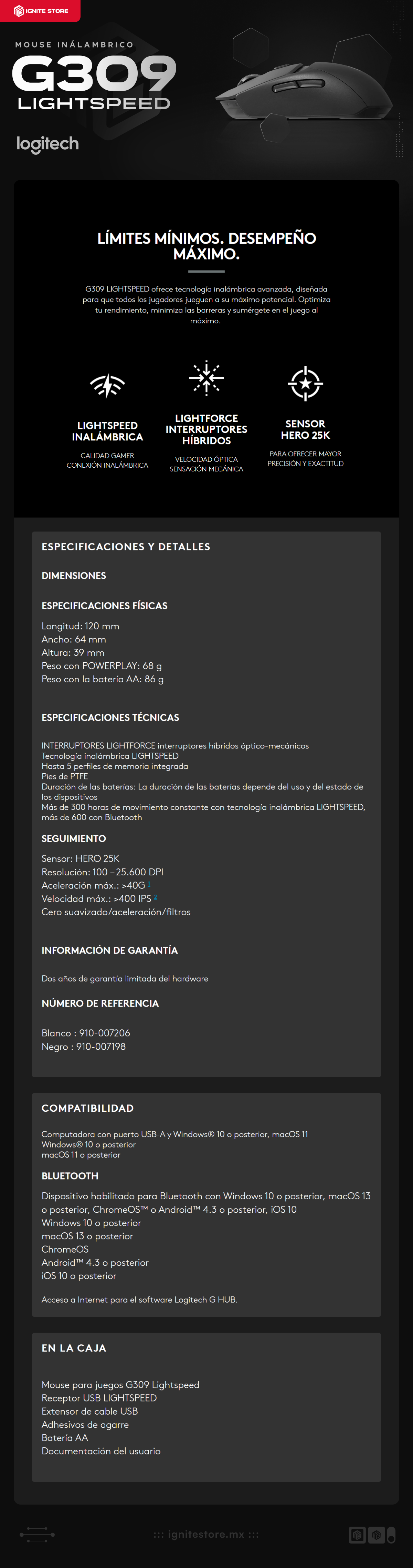 Mouse Inalámbrico Logitech G309 LIGHTSPEED | Receptor USB LIGHTSPEED / Bluetooth | 100 – 25.600 DPI | Batería AA (Incluida) | 910-007198