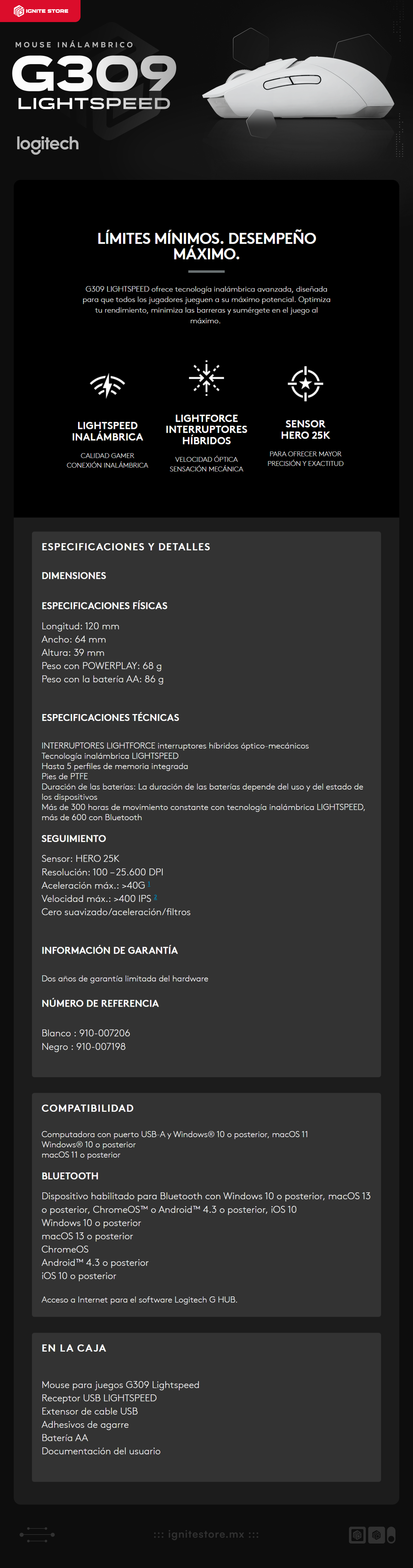 Mouse Inalámbrico Logitech G309 LIGHTSPEED | Receptor USB LIGHTSPEED / Bluetooth | 100 – 25.600 DPI | Batería AA (Incluida) | Color Blanco | 910-007206