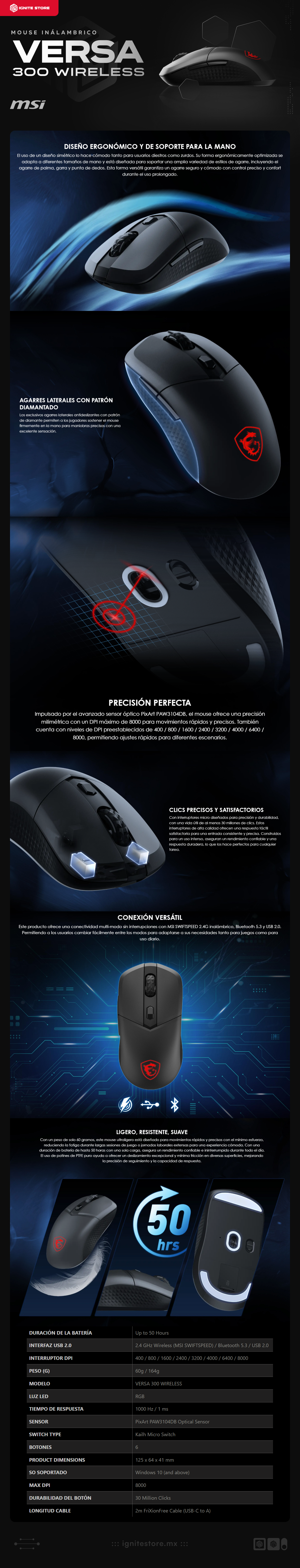 Mouse Gamer MSI VERSA 300 WIRELESS | RGB | Bluetooth / Receptor USB / USB 2.0 | 8000 DPI | VERSA 300 W GAMING MOUSE