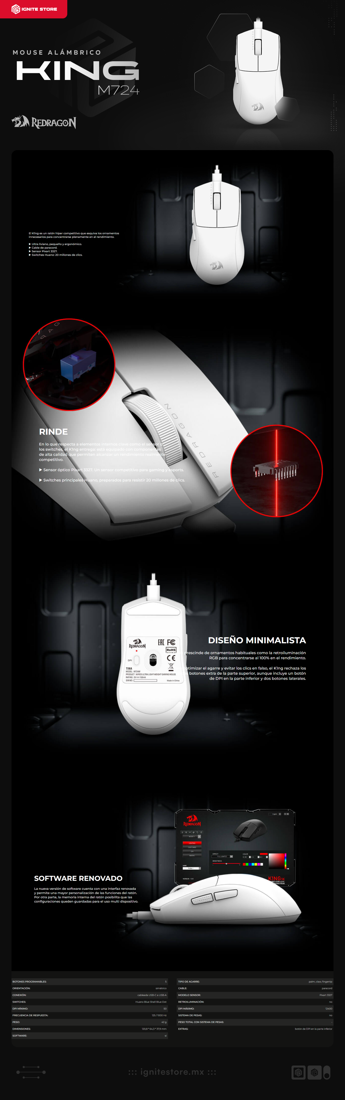 Mouse Gamer Alámbrico Redragon K1NG M724 | 12400 DPI | Sensor Óptico Pixart 3327 | Ultraligero | 42 g | 5 Botones Programables | Blanco | M724W