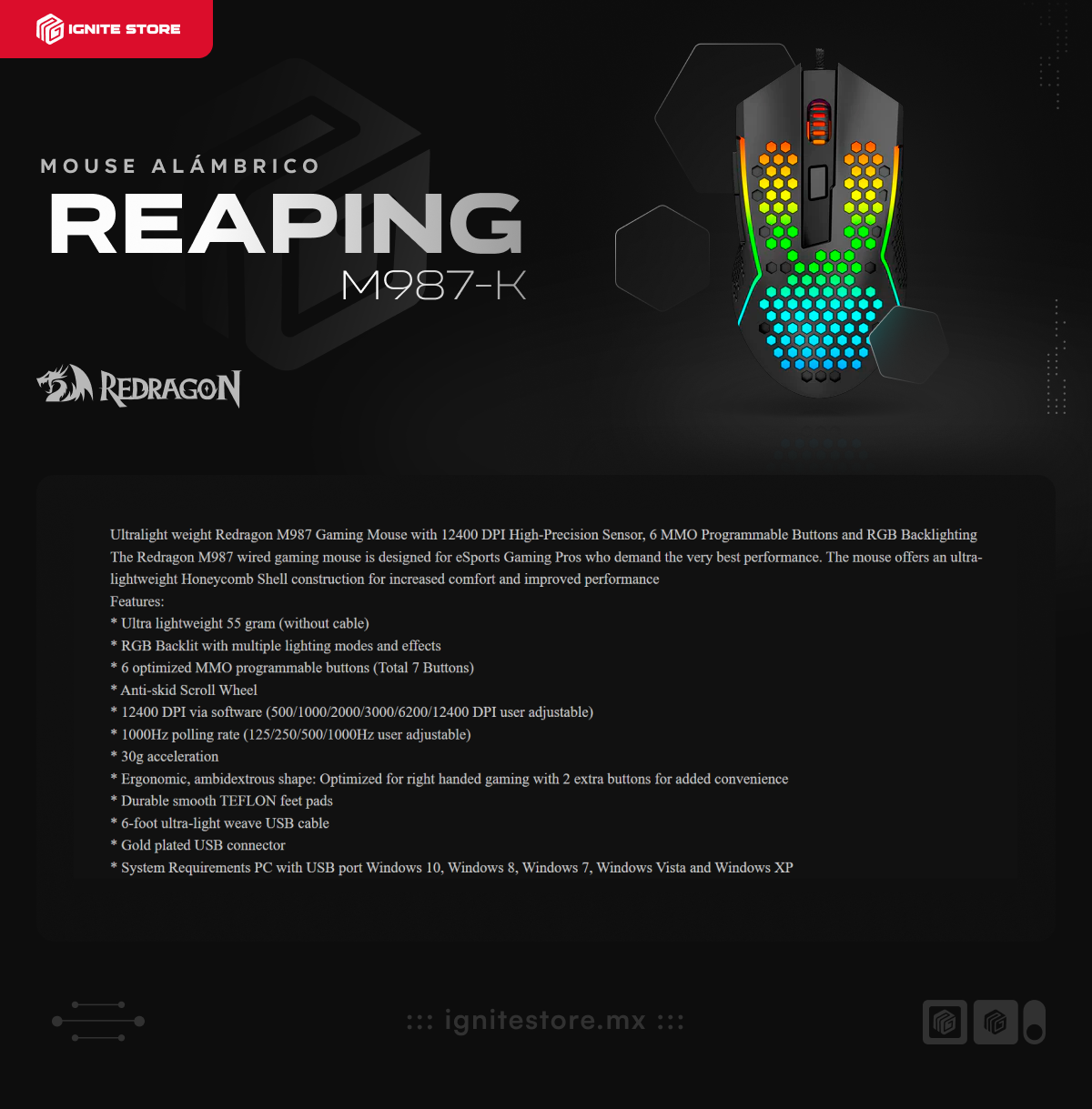 Mouse Gamer Alámbrico Redragon M987-K Reaping | 12400 DPI | Sensor Óptico | Ultraligero | 55 g | 6 Botones Programables | RGB | Blanco | M987-K
