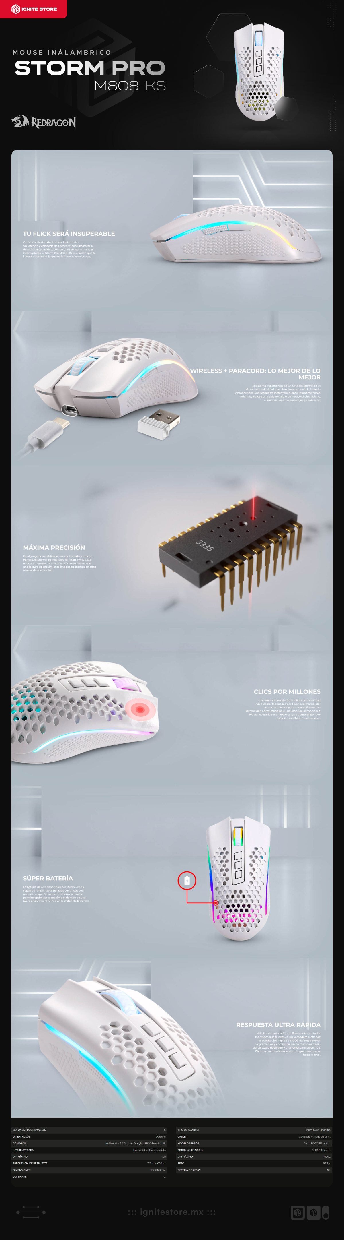 Mouse Gamer Inalámbrico Redragon Storm Pro M808-KS | 16000 DPI | Sensor Óptico Pixart PAW 3335 | 97 g | 8 Botones Programables | Hasta 36 Hrs de Batería | RGB | Blanco | M808-KS