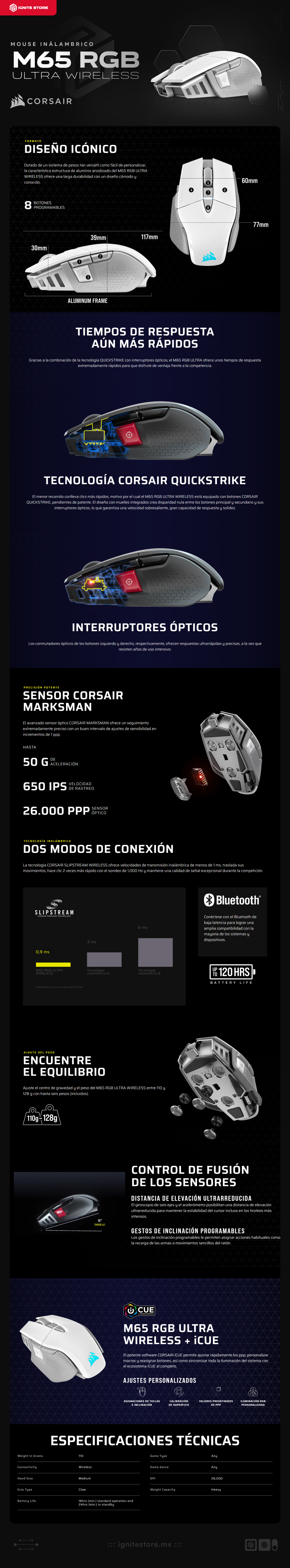 Mouse Gamer Inalámbrico Corsair M65 RGB ULTRA WIRELESS | 26000 DPI | Sensor Óptico MARKSMAN | 110 a 128 g | Ajuste de Peso | 8 Botones Programables | Hasta 120 Hrs de Batería | RGB | Blanco | CH-9319511-NA2