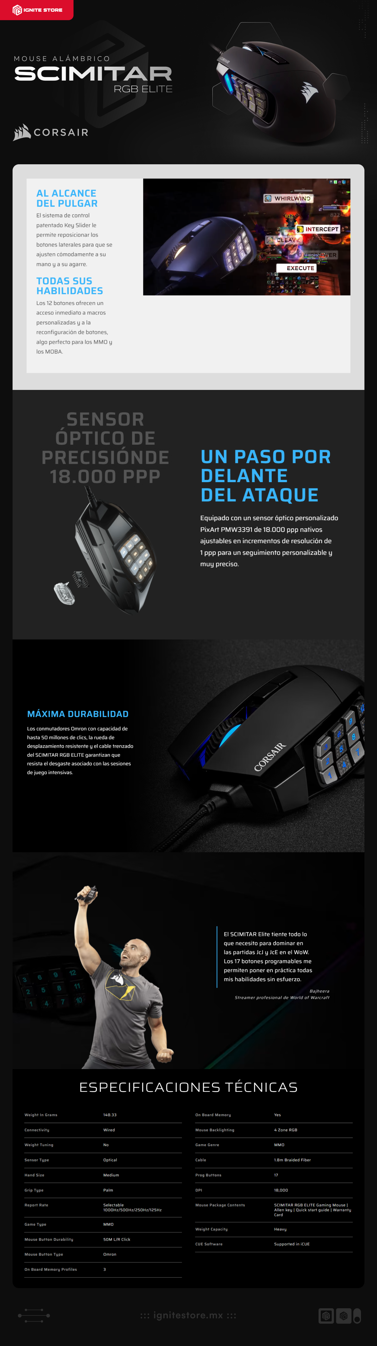 Mouse Gamer Alámbrico Corsair SCIMITAR RGB ELITE | 18000 DPI | Sensor Óptico PixArt PMW 3391 | 17 Botones Programables | RGB | Negro | CH-9304211-NA