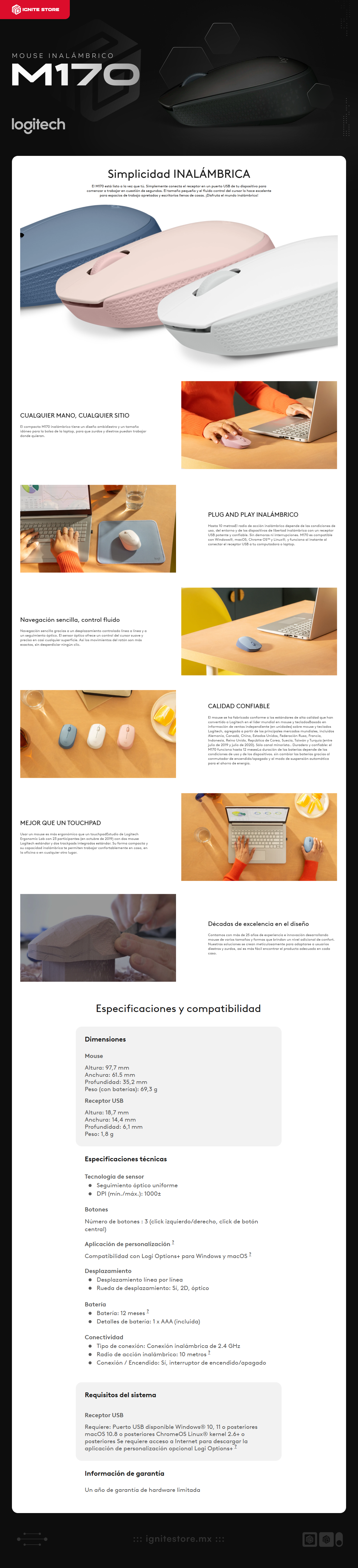 Mouse Inalámbrico Logitech M170 | 1000 DPI | Sensor Óptico | Incluye 1 Batería AAA | Negro | 910-004940