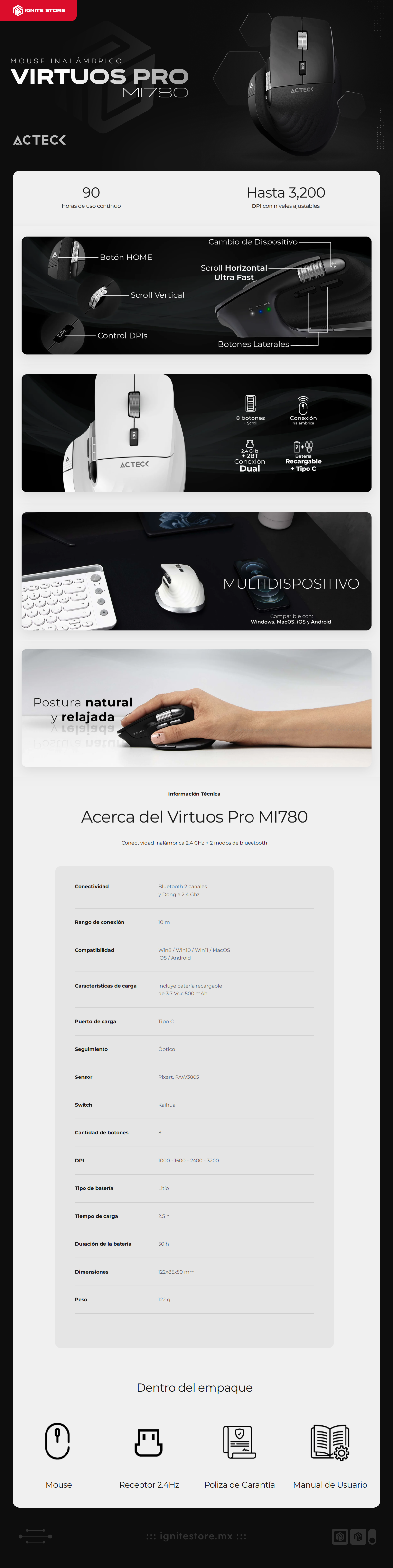 Mouse Ergonómico Inalámbrico Acteck Virtuos Pro MI780 | 1000 a 3200 DPI | Sensor Óptico PixArt PAW3805 | 122 g | 8 Botones | Batería Recargable | Bluetooth / Receptor USB | Windows / MacOS / iOS / Android | Negro | AC-936187