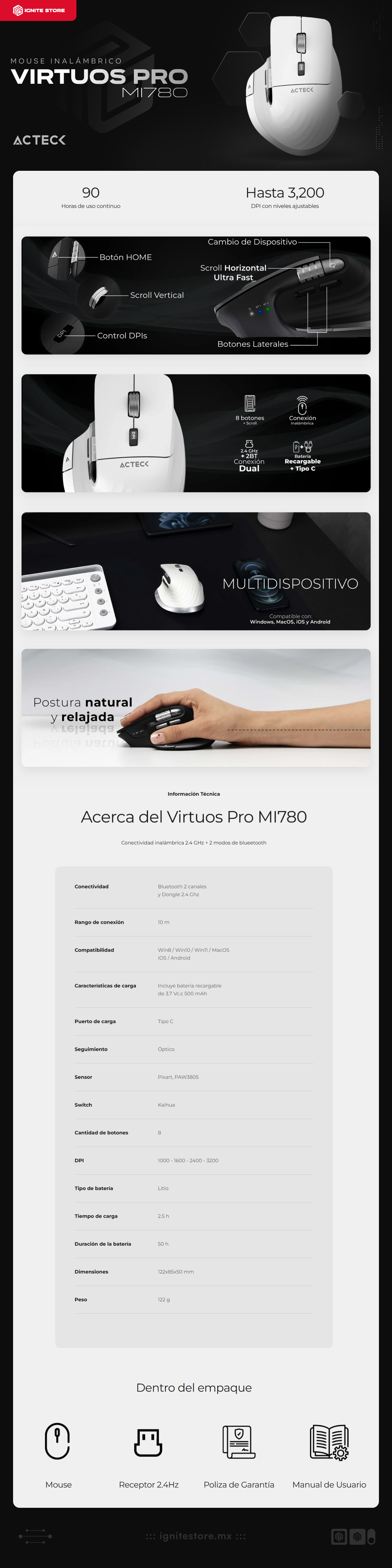 Mouse Ergonómico Inalámbrico Acteck Virtuos Pro MI780 | 1000 a 3200 DPI | Sensor Óptico PixArt PAW3805 | 122 g | 8 Botones | Batería Recargable | Bluetooth / Receptor USB | Windows / MacOS / iOS / Android | Blanco | AC-936194