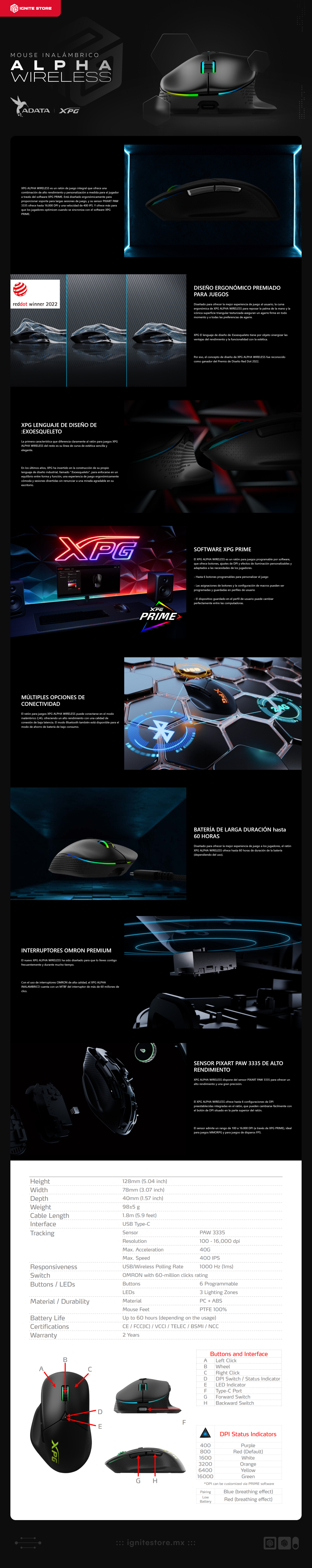 Mouse Gamer Inalámbrico ADATA XPG ALPHA WIRELESS | 100 a 16000 DPI | Sensor Óptico PixArt PAW 3335 | 40 g | Hasta 60 Hrs de Batería | RGB | Negro | ALPHAWL-BKCWW