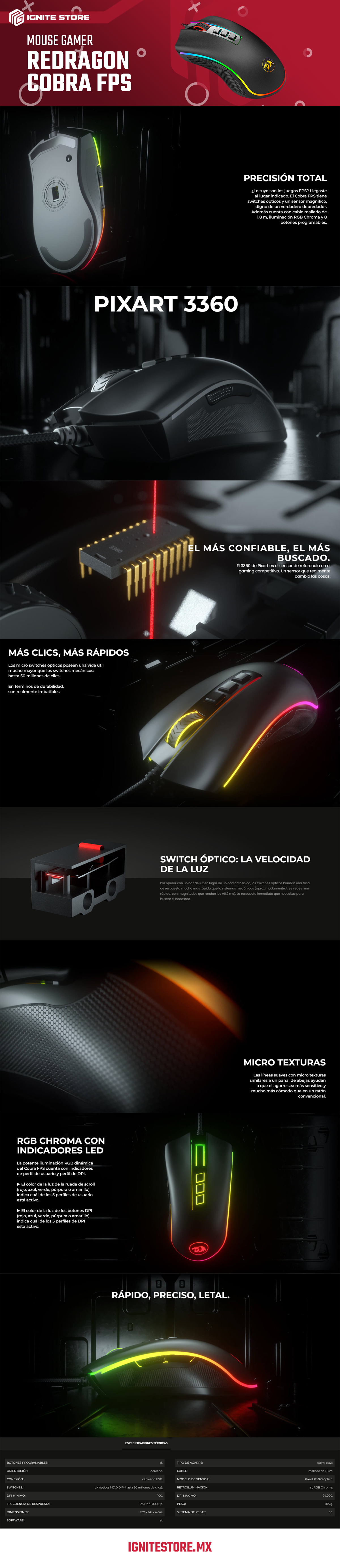 MOUSE GAMER REDRAGON COBRA FPS RGB OPTICO 8 BOTONES USB 24000DPI - M711-FPS