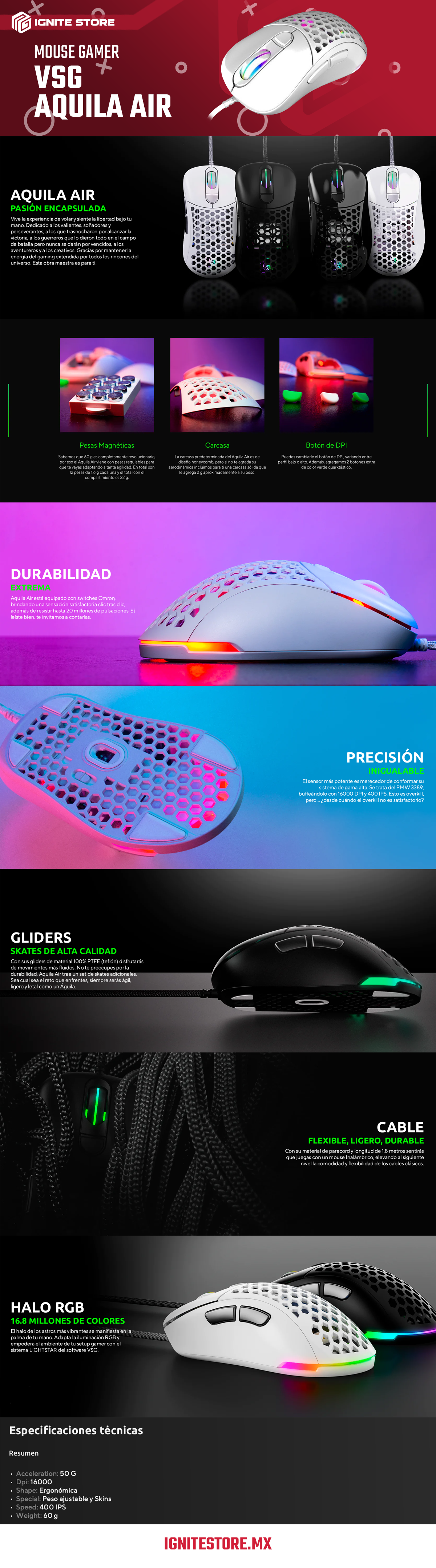 MOUSE GAMER VSG AQUILA AIR BLANCO BRILLANTE 16000DPI RGB 6 BOTONES  VG-M550