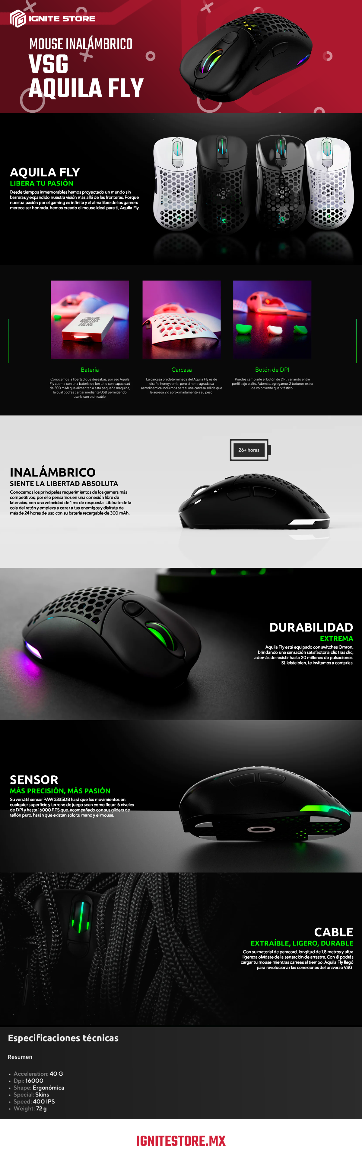 MOUSE GAMER VSG FLY INALAMBRICO NEGRO MATE 6 BOTONES LED RGB 16000DPI  - VG-WM551