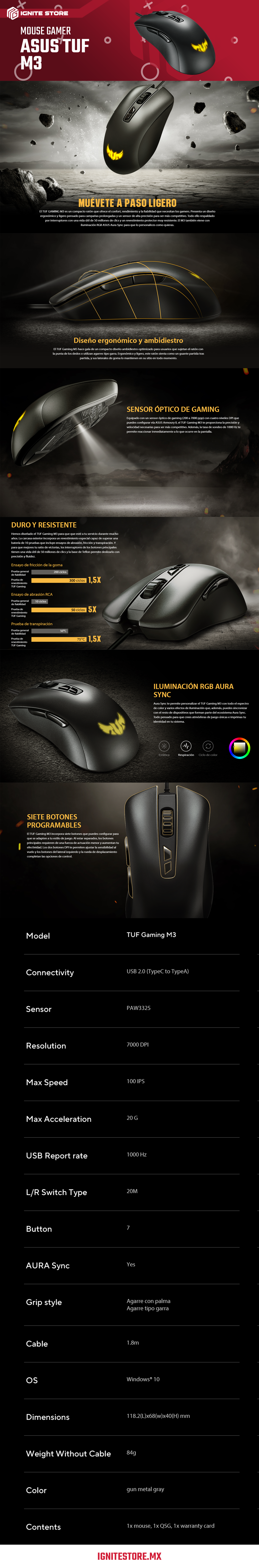 MOUSE GAMER ASUS TUF ALAMBRICO ERGONOMICO OPTICO GRIS 7000PPP 1000HZ USB AURA SYNC RGB P305 TUF GAMING M3