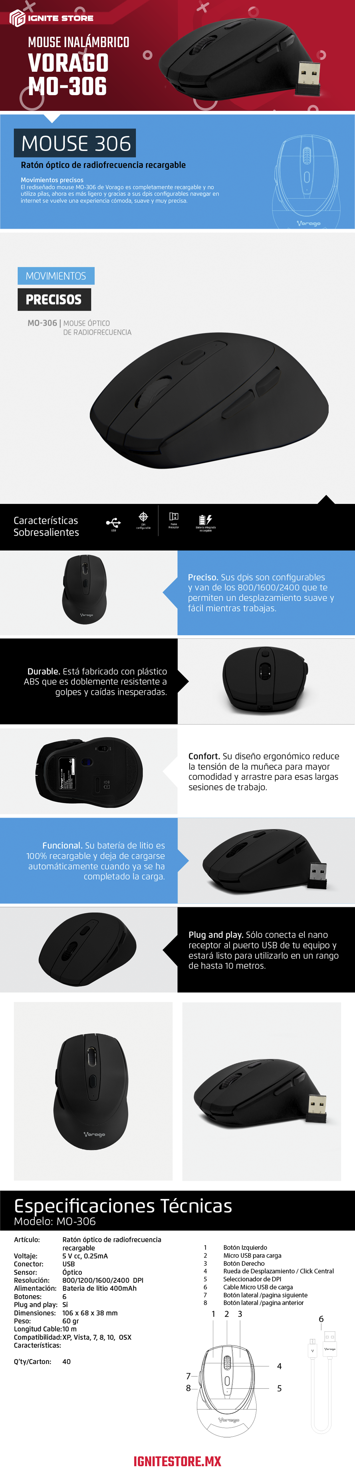 MOUSE INALAMBRICO VORAGO RECARGABLE ILUMINADO MO-306