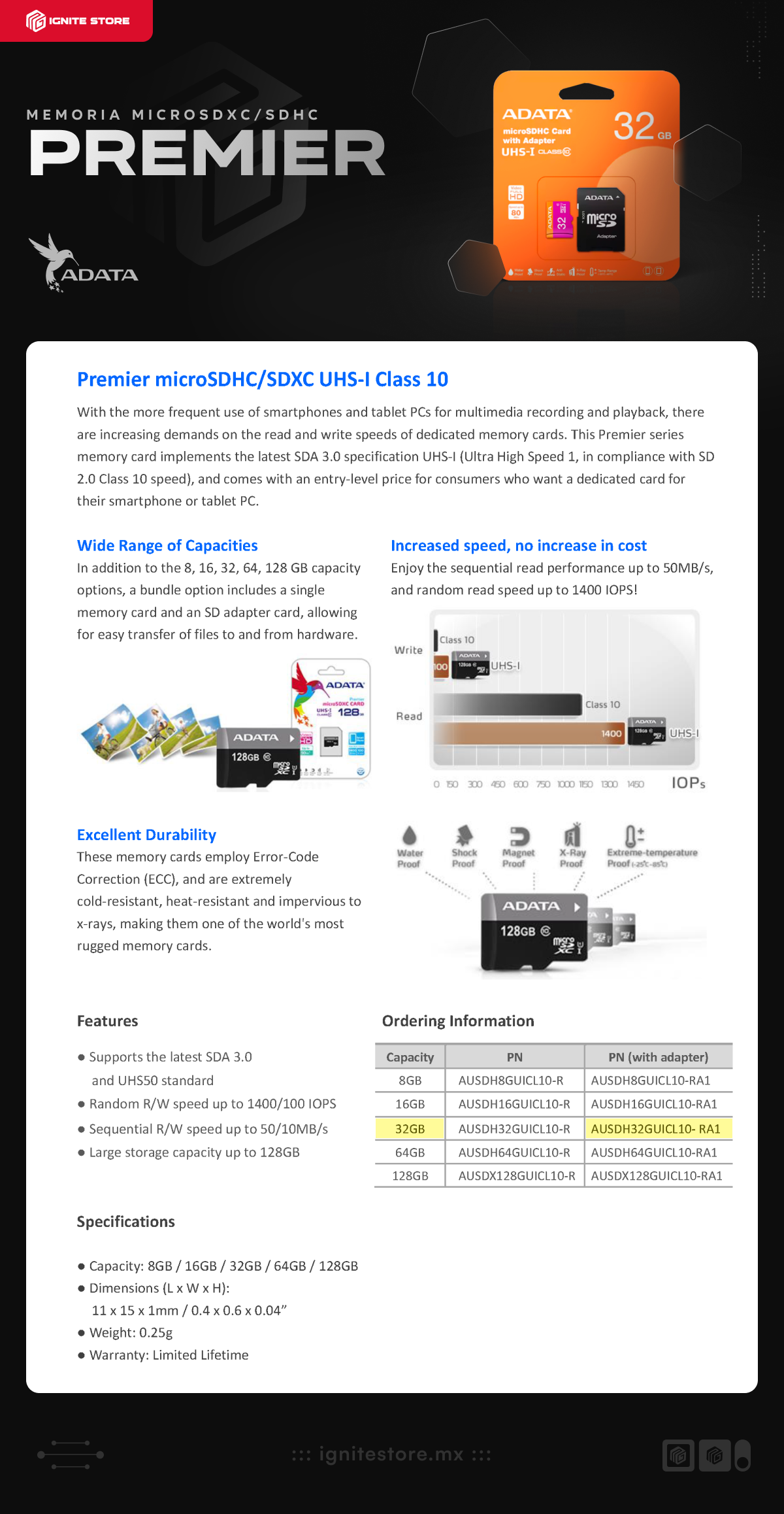 Memoria microSDHC/SDXC ADATA Premier | 32GB | UHS-I Clase 10 | 50MB/s Lectura | 10MB/s Escritura | Incluye Adaptador | AUSDH32GUICL10- RA1
