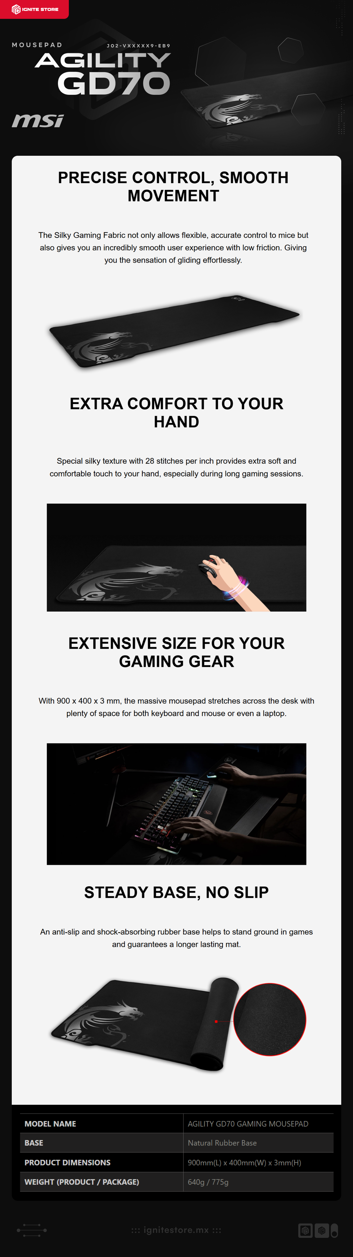 Mousepad Gaming MSI AGILITY GD70 | 900mm x 400mm x 3mm | Color Negro | J02-VXXXXX9-EB9