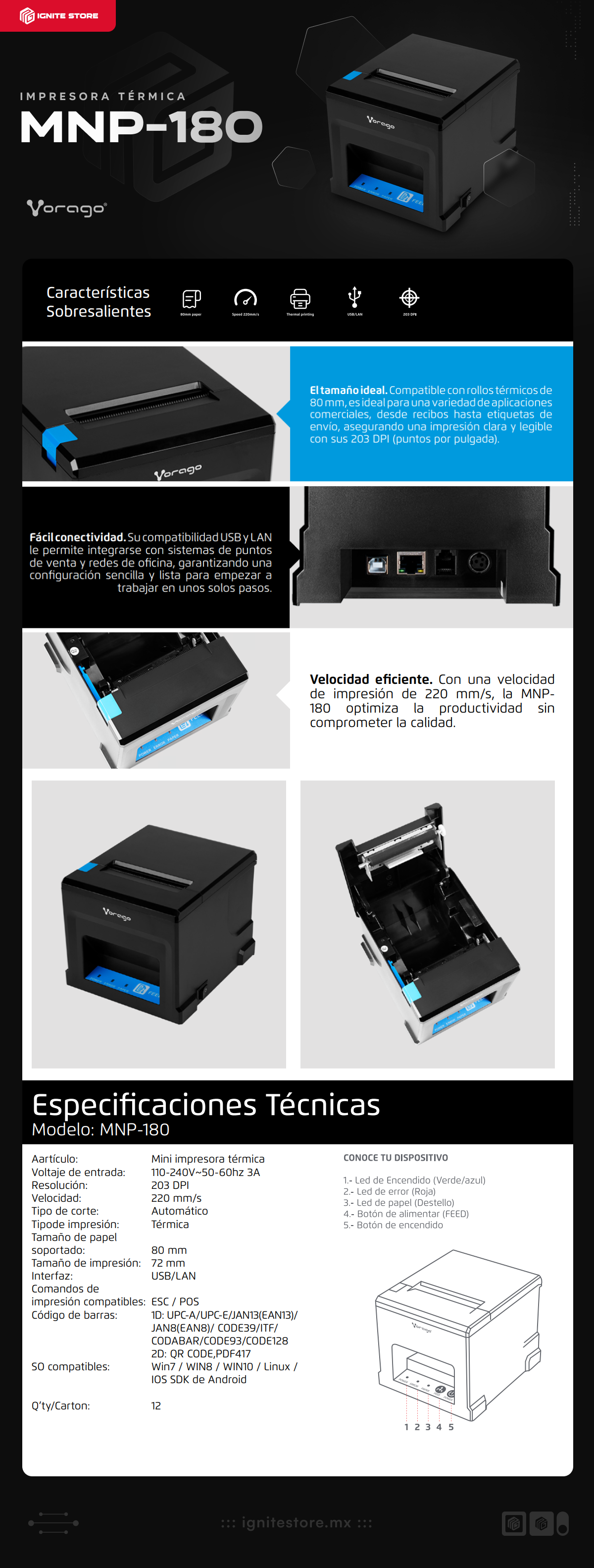 Impresora Térmica Vorago MNP-180 | USB | LAN | RJ45 | RJ11 |Compatible con rollo de 80mm | MNP-180