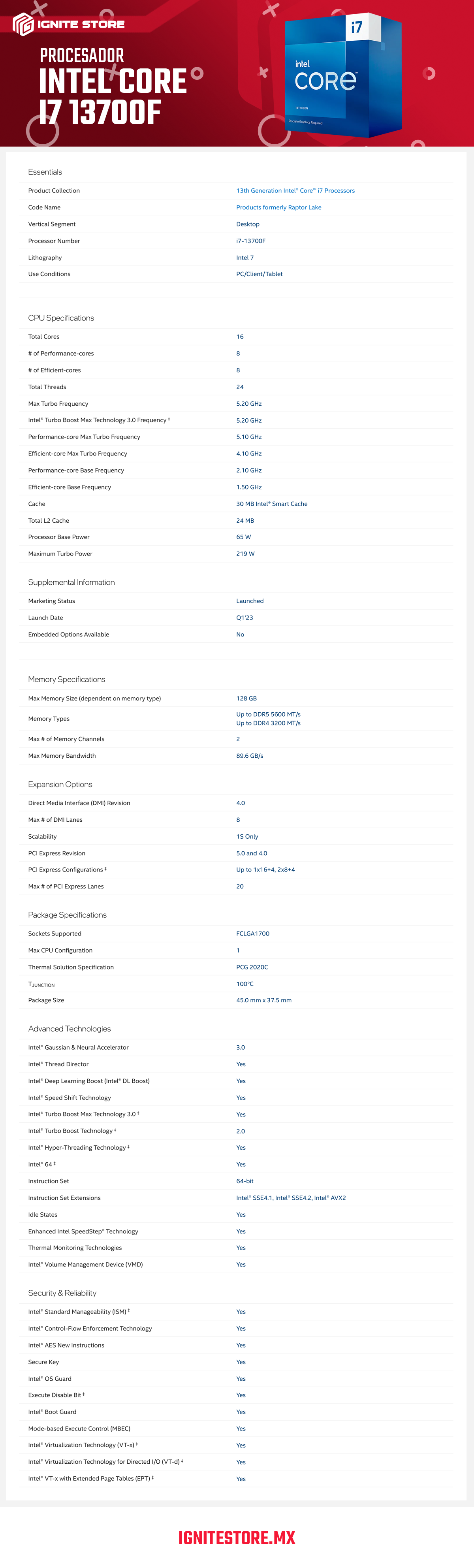 Procesador Intel Core i7-13700F | 16 Núcleos | 24 Hilos | 2.10 GHz / 5.20 GHz (Máx) | LGA1700 | (Requiere Tarjeta de Video) | BX8071513700F