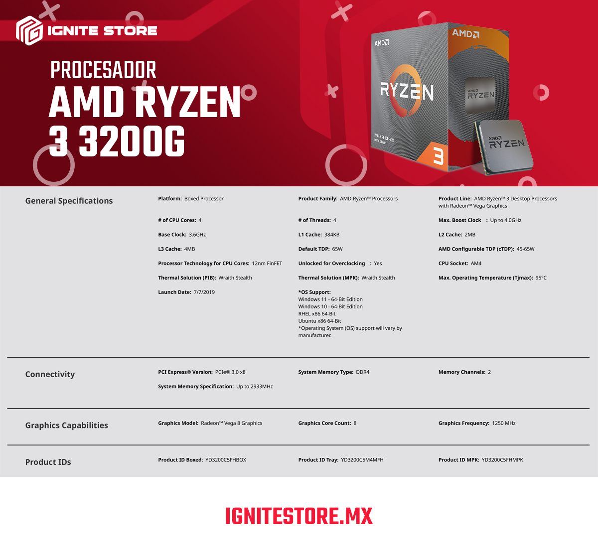 Procesador AMD Ryzen 3 3200G - 4 Núcleos - 4 Hilos - Radeon Vega 8 Graphics - 3.6 GHz - Máx 4.0 GHz - Socket AM4 - Wraith Stealth