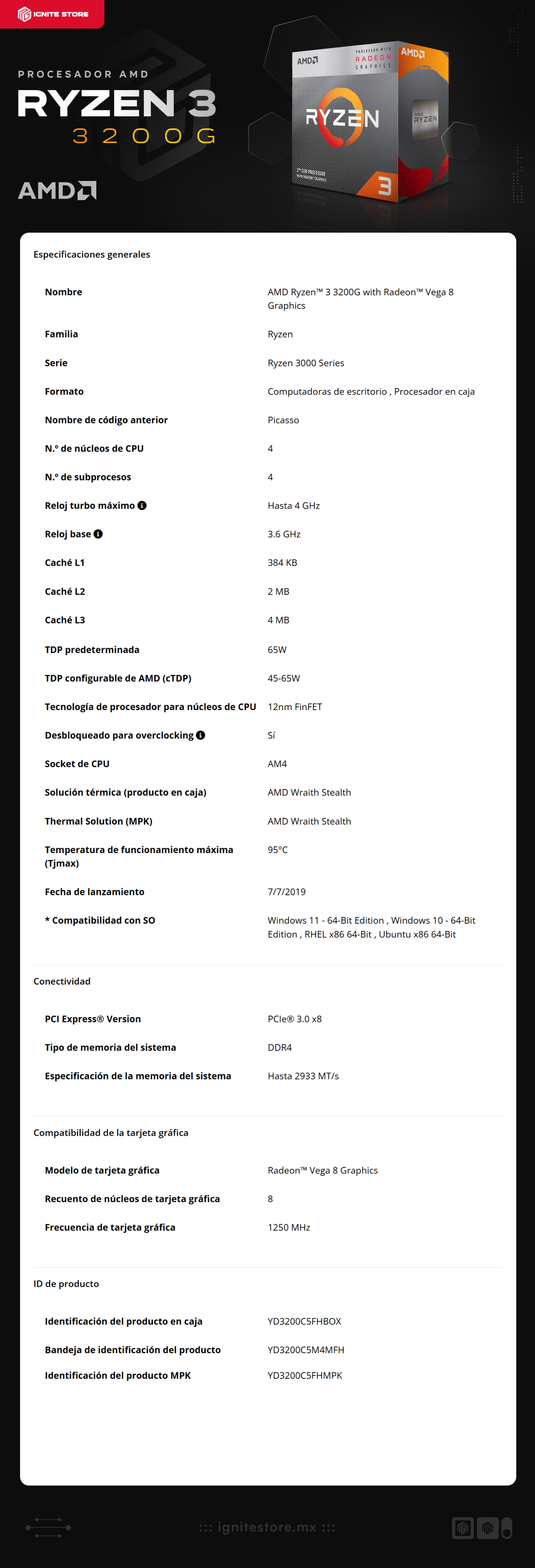 Procesador AMD Ryzen 3 3200G | 4 Núcleos / 4 Hilos | Radeon Vega 8 Graphics | 3.6 GHz | Máx 4.0 GHz | Socket AM4 | Wraith Stealth | YD3200C5FHBOX