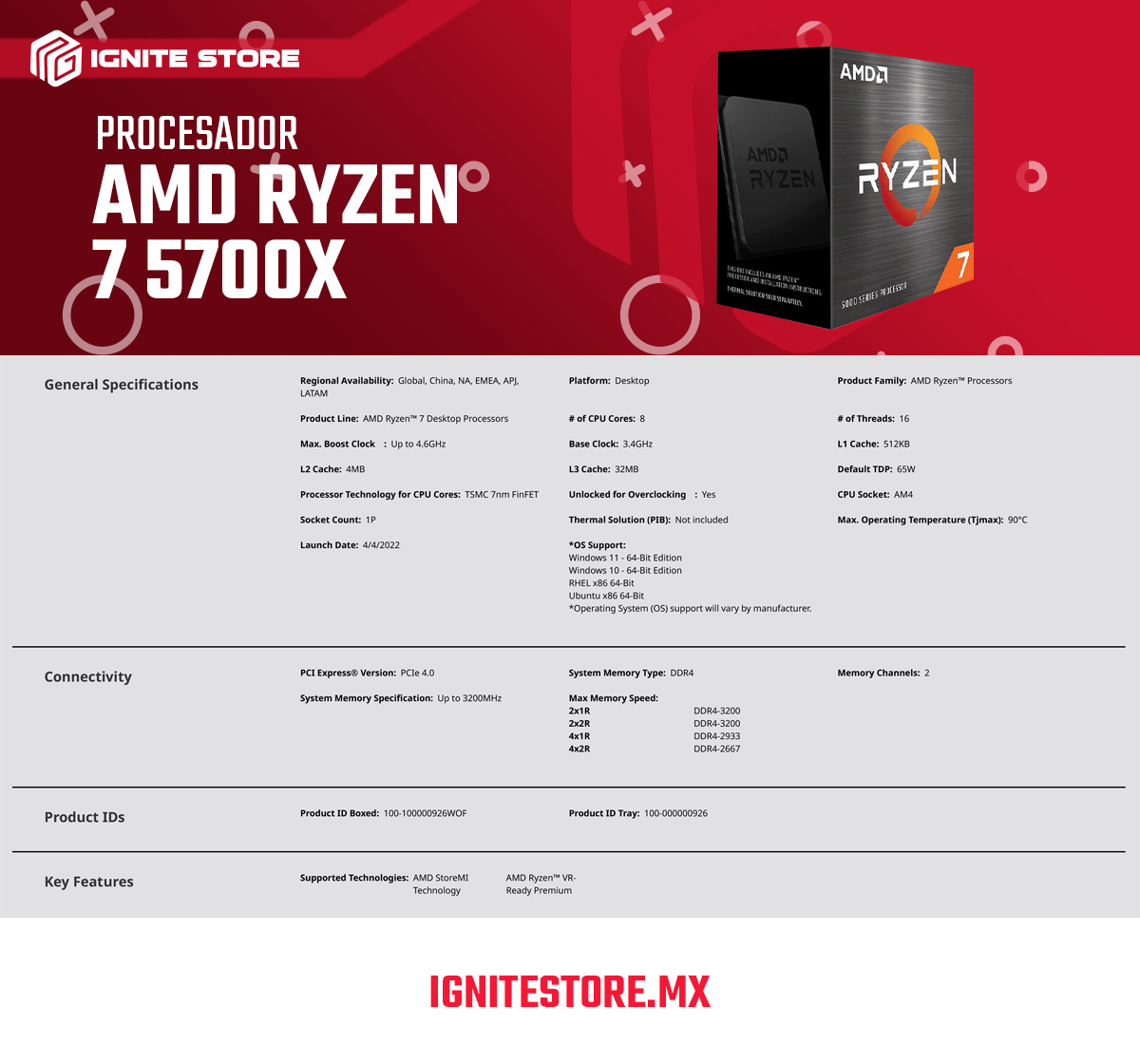 Procesador AMD Ryzen 7 5700X - 8 Núcleos - 16 Hilos - 3.4 GHz - Máx 4.6 GHz - TDP 65W - Requiere Disipador de Calor - Requiere Tarjeta de Video - 100-100000926WOF