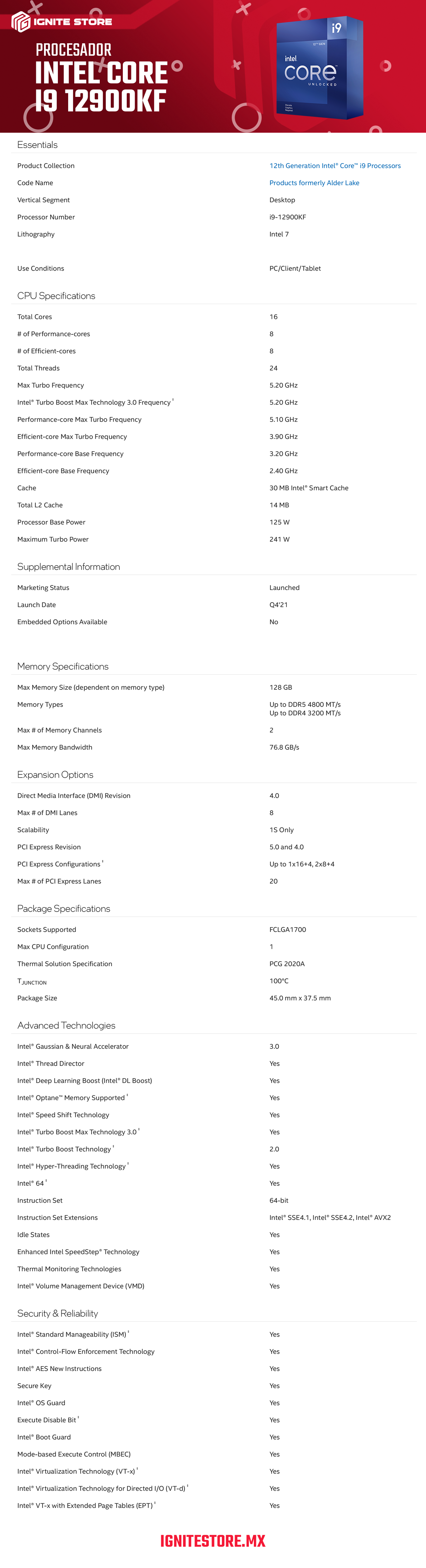 Procesador Intel Core i9 12900KF - 8 Núcleos - 16 Hilos - 3.2 GHz - 5.1 GHz - Socket 1700 - BX8071512900KF