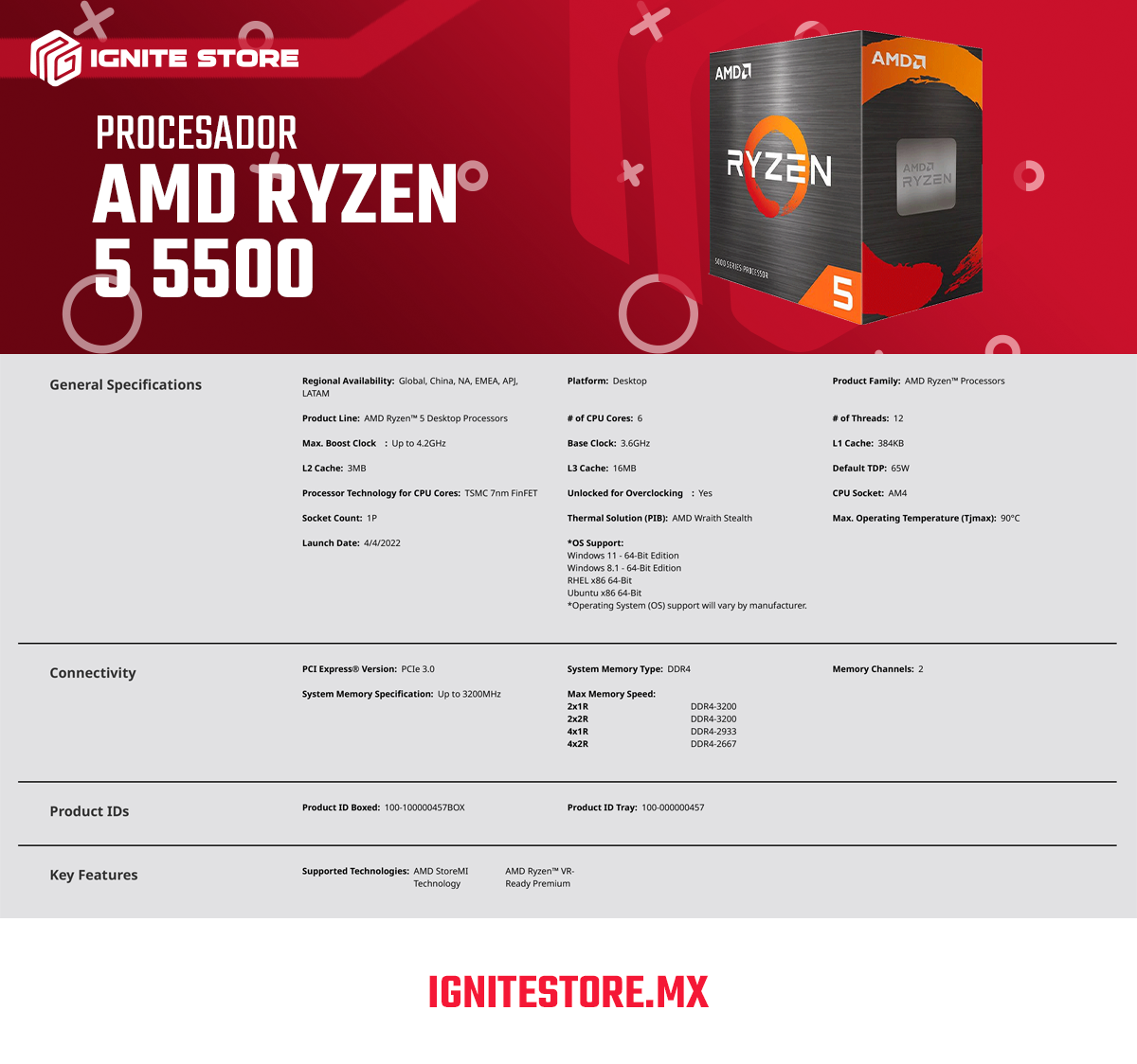 PROCESADOR AMD RYZEN 5 5500 AM4 6 NUCLEOS/12 HILOS (REQUIERE TARJETA DE VIDEO) 3.6Ghz (4.2Ghz BOOST)  / 100-100000457BOX