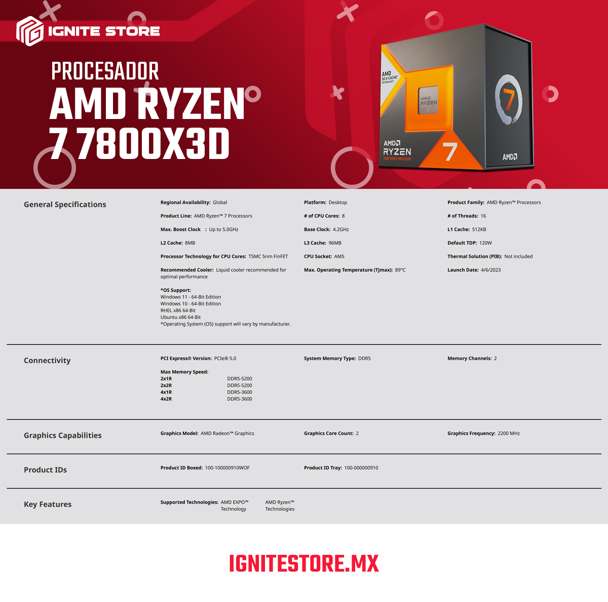 Procesador AMD Ryzen 7 7800X3D - Radeon Graphics - Socket AM5 - 100-100000910WOF