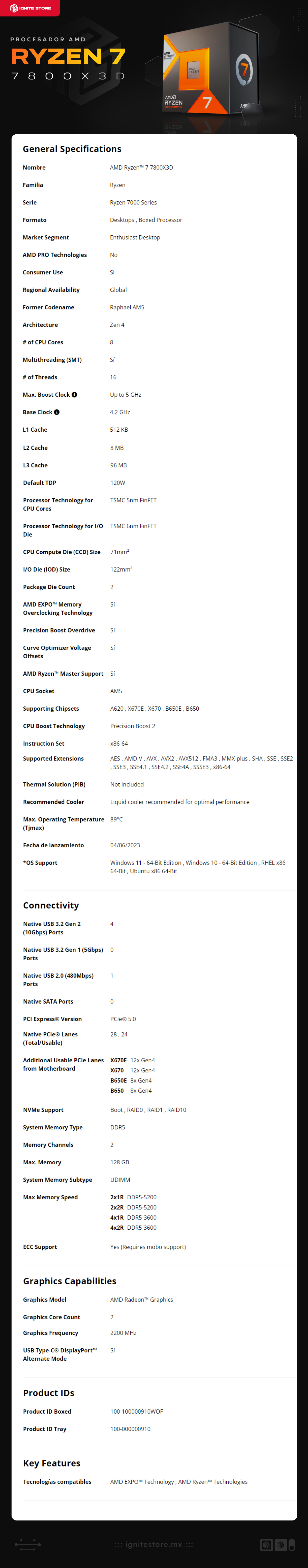 Procesador AMD Ryzen 7 7800X3D | AM5 | 8 núcleos/16 hilos | Requiere disipador | 4.2 GHz (5 GHz Boost) | 100-100000910WOF