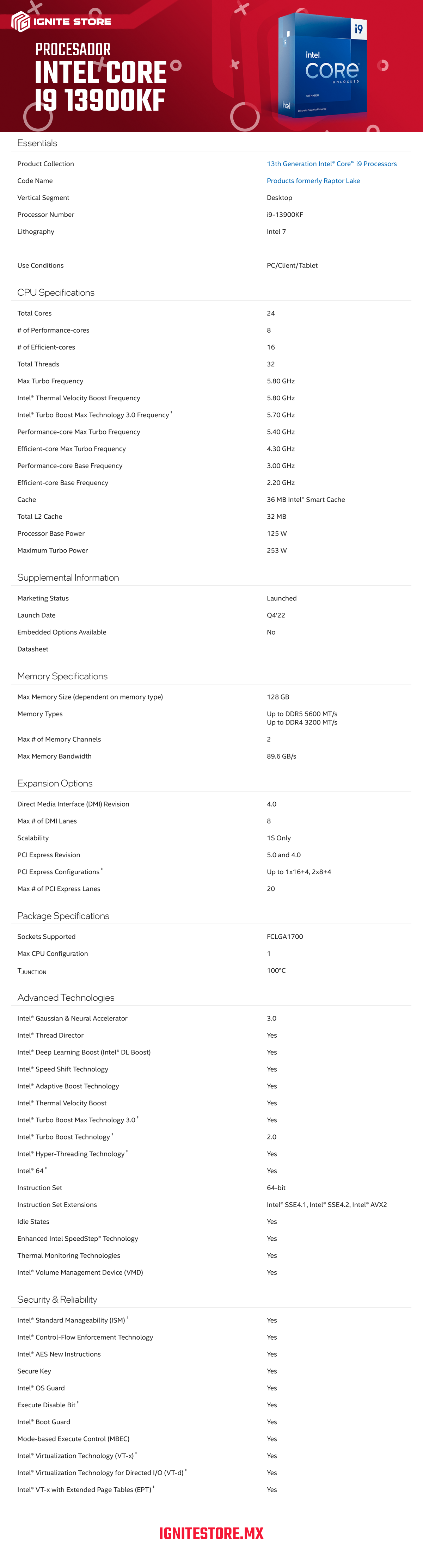 Procesador Intel Core i9 13900KF - 3.0 GHz - Máx 5.8 GHz - Socket 1700 - BX8071513900KF