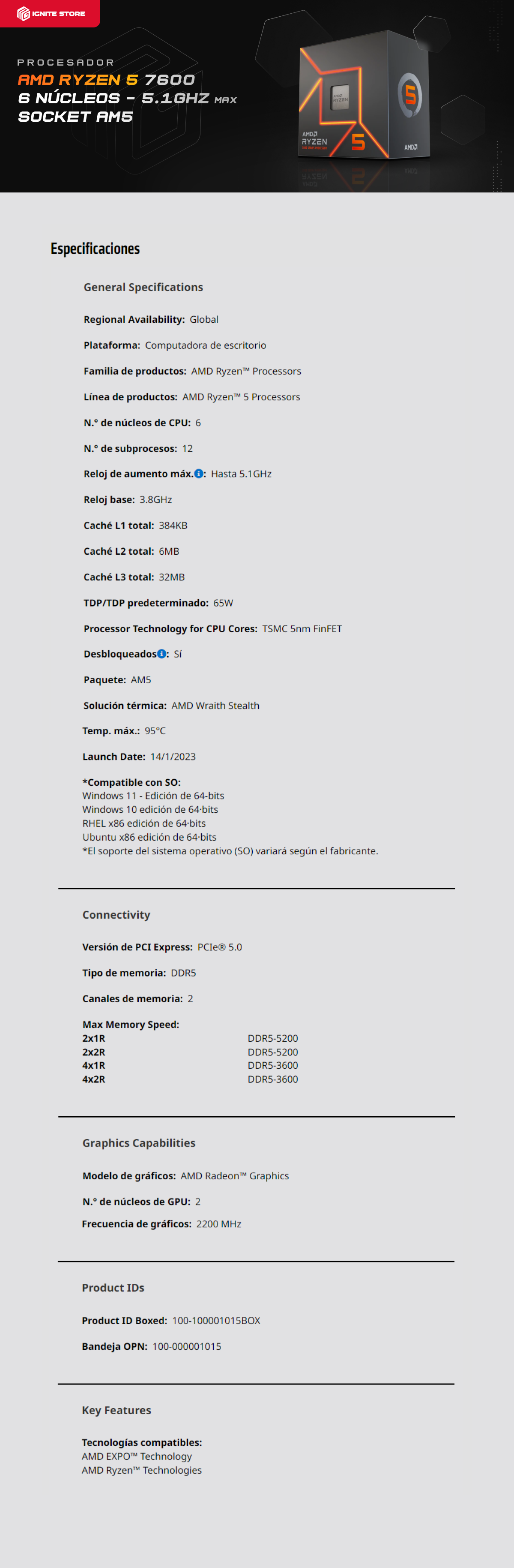 PROCESADOR AMD RYZEN 5 7600 AM5 6 NUCLEOS/12 HILOS 3.8Ghz (5.1Ghz BOOST) / 100-100001015BOX