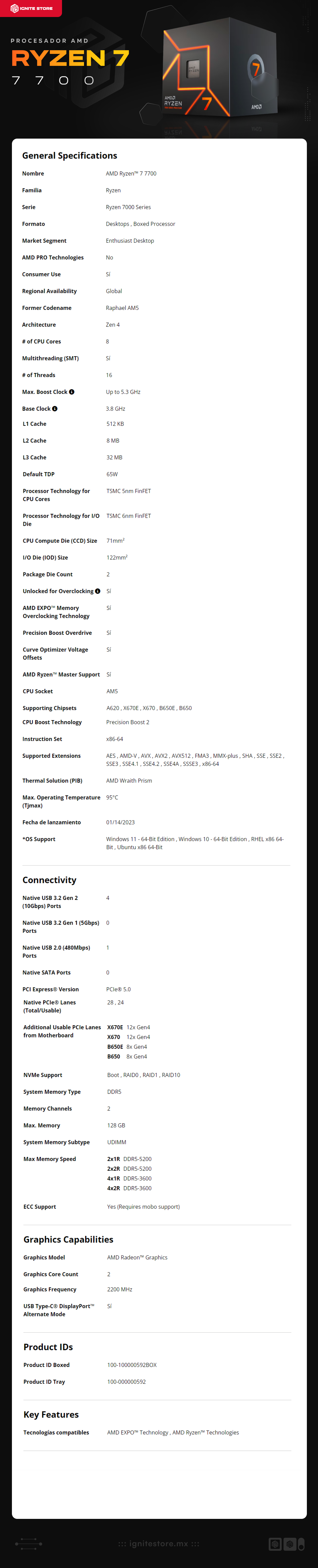 Procesador AMD Ryzen 7 7700 | AM5 | 8 núcleos/16 hilos | 3.8 GHz (5.3 GHz Boost) | 100-100000592BOX