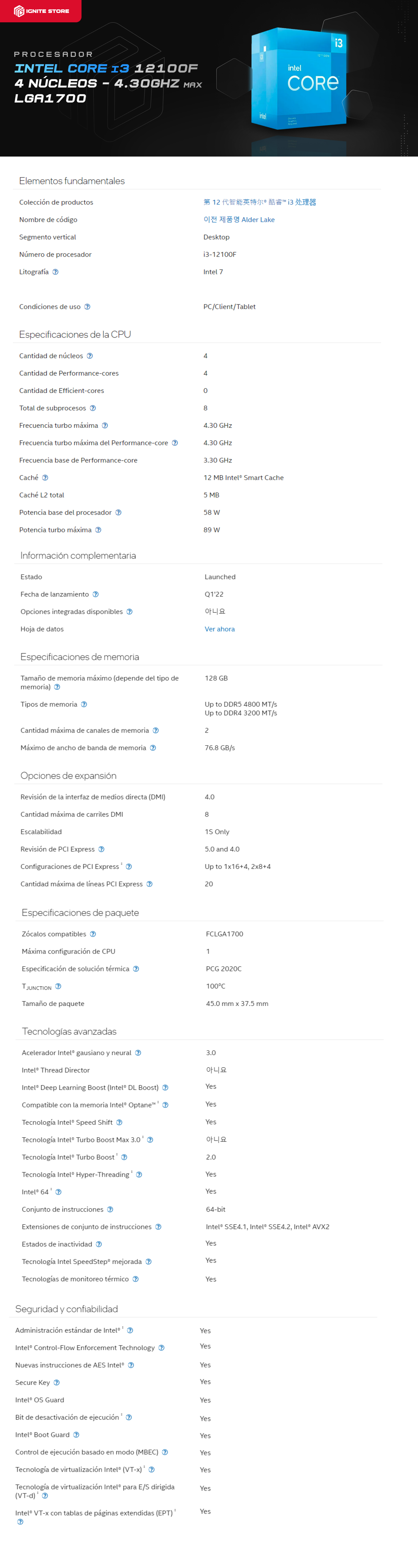 Procesador Intel Core i3 12100F - 4 Núcleos - 8 Hilos - LGA1700 - 12th Gen - BX8071512100F