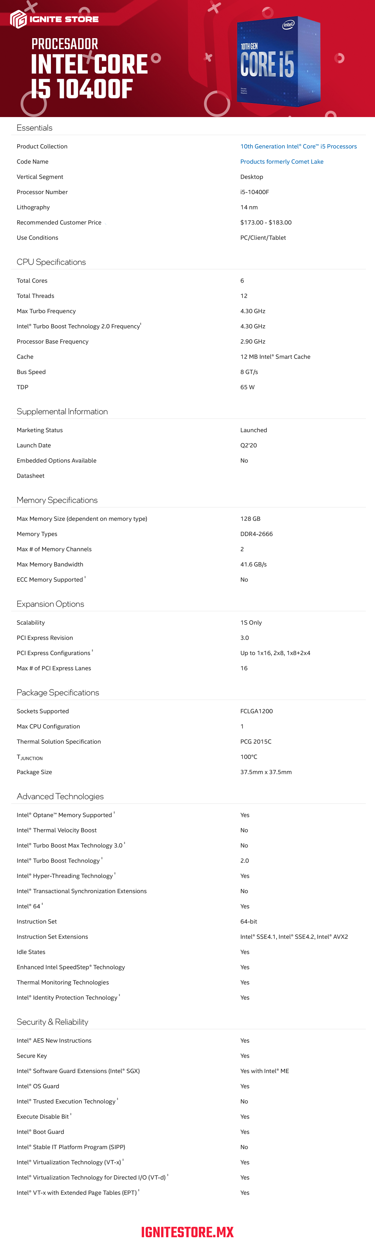 Procesador Intel Core i5 10400F - 2.9GHz - 6 Núcleos - SOC1200 - BX8070110400F